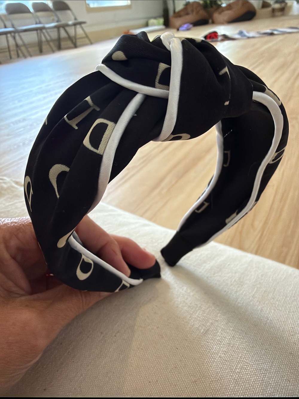 Black Knot Headband with White Trim and Letter Print